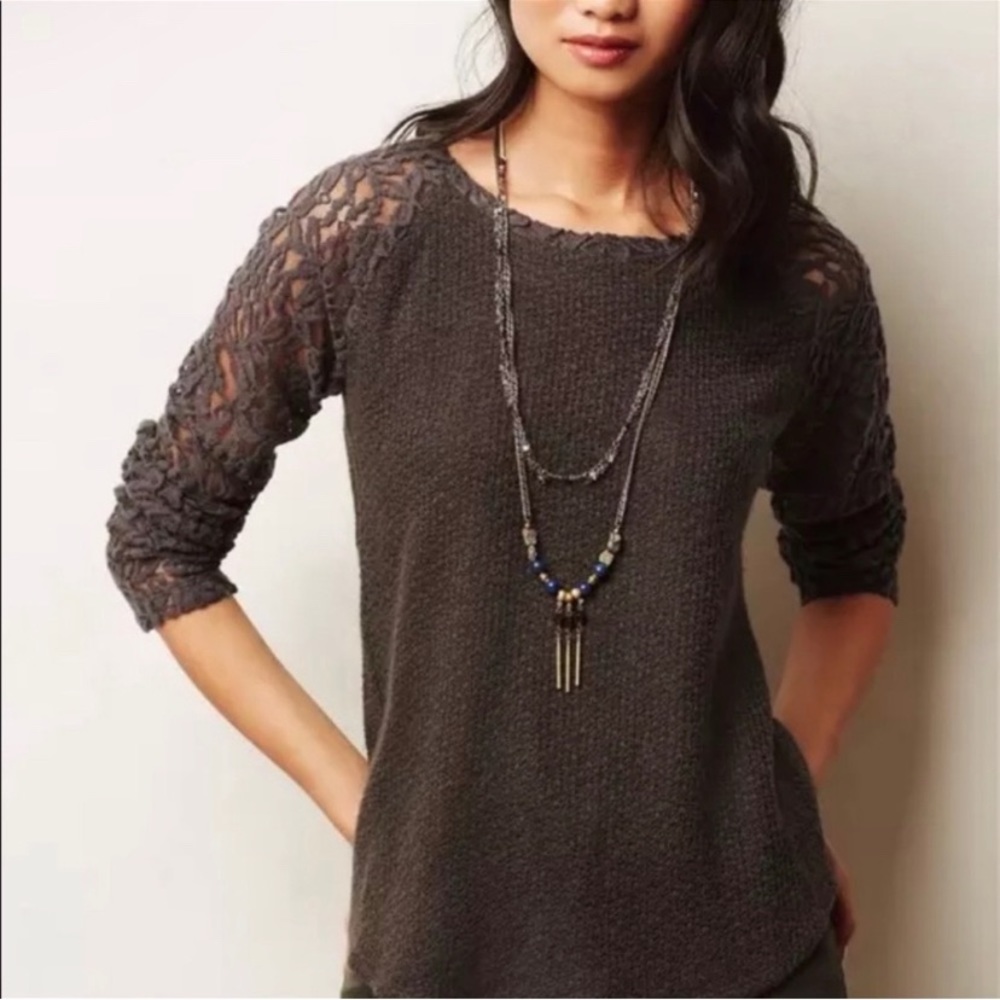 Anthropologie One September Gray Knit Lace Top Mixed Media